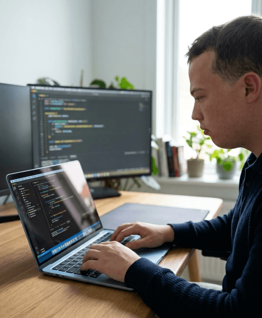 Stifteren arbejder ved computeren i studiet.