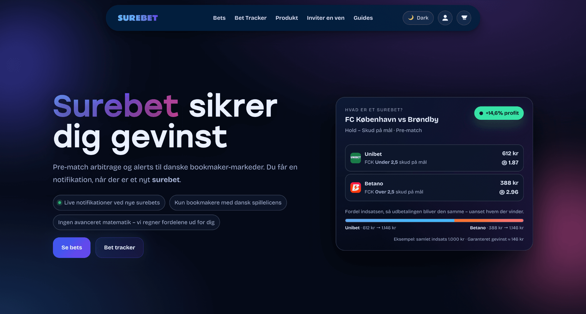 Forside fra Surebet platform.